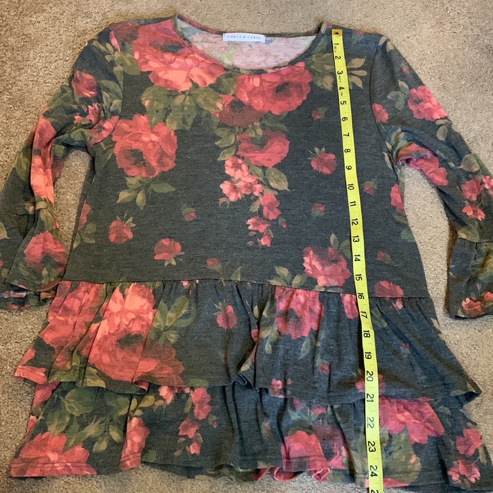 Chris & Carol Gray & Pink Floral Long Sleeve Peplum Top Women’s Size Small - Picture 6 of 7